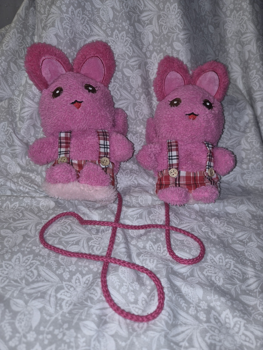 Childrens Pink Plush Bunny Mittens with Strap